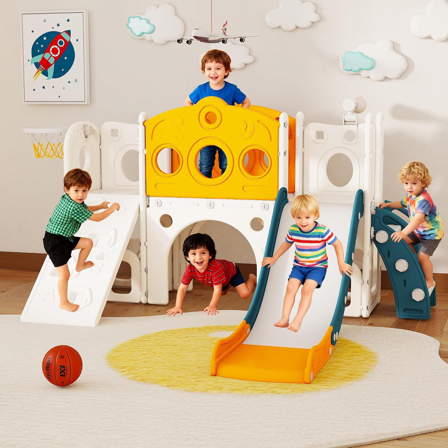 Kids Outdoor Basketball Hoop - 9 in 1 Toddler Slide Set